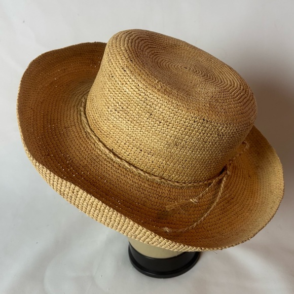Vintage Whole Earth Crochet Raffia Straw Sun Hat Upturned Brim Tan Women’s - Picture 3 of 7